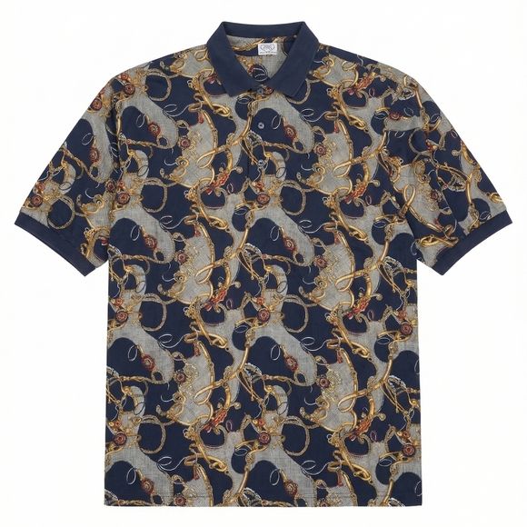 Michael Thomas Other - Michael Thomas Men's Navy Chain Print Polo Shirt 3 Buttons Y2K Streetwear